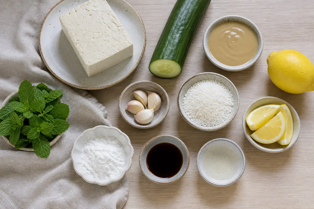 Tofu cucumber tahini lemons garlic rice cornstarch soy sauce and mint