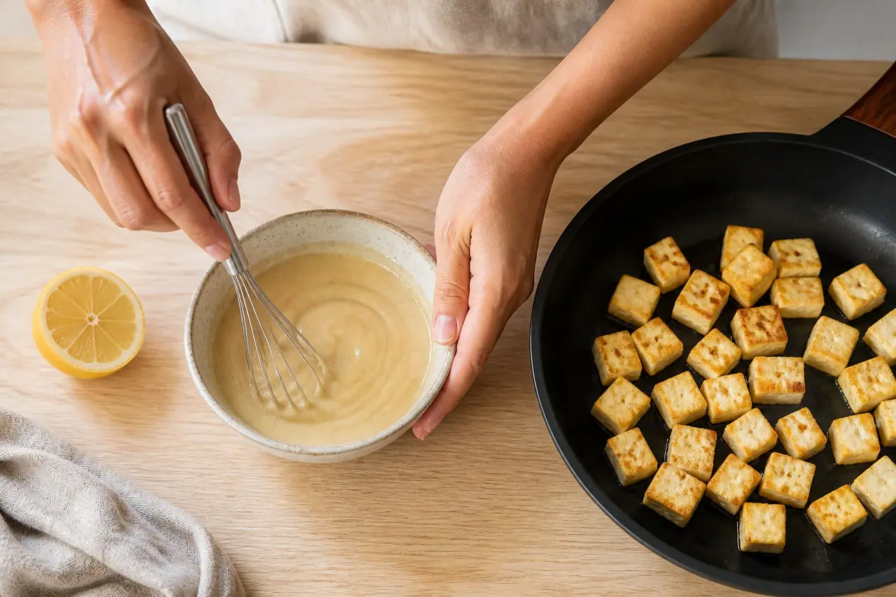 Hands whisking lemon tahini dressing beside crisp tofu in a skillet