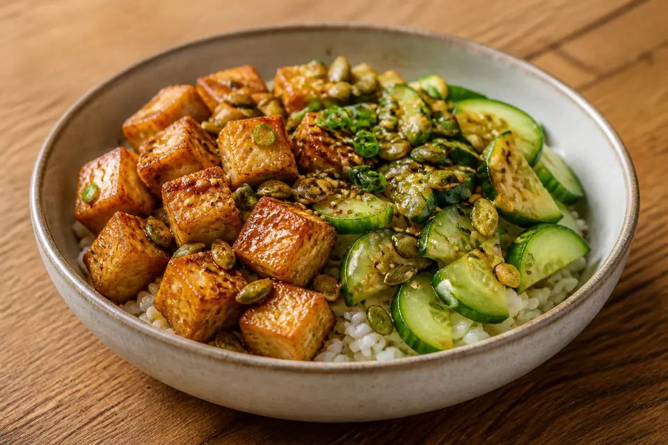 Crispy tofu cucumber rice and toasted pumpkin seeds