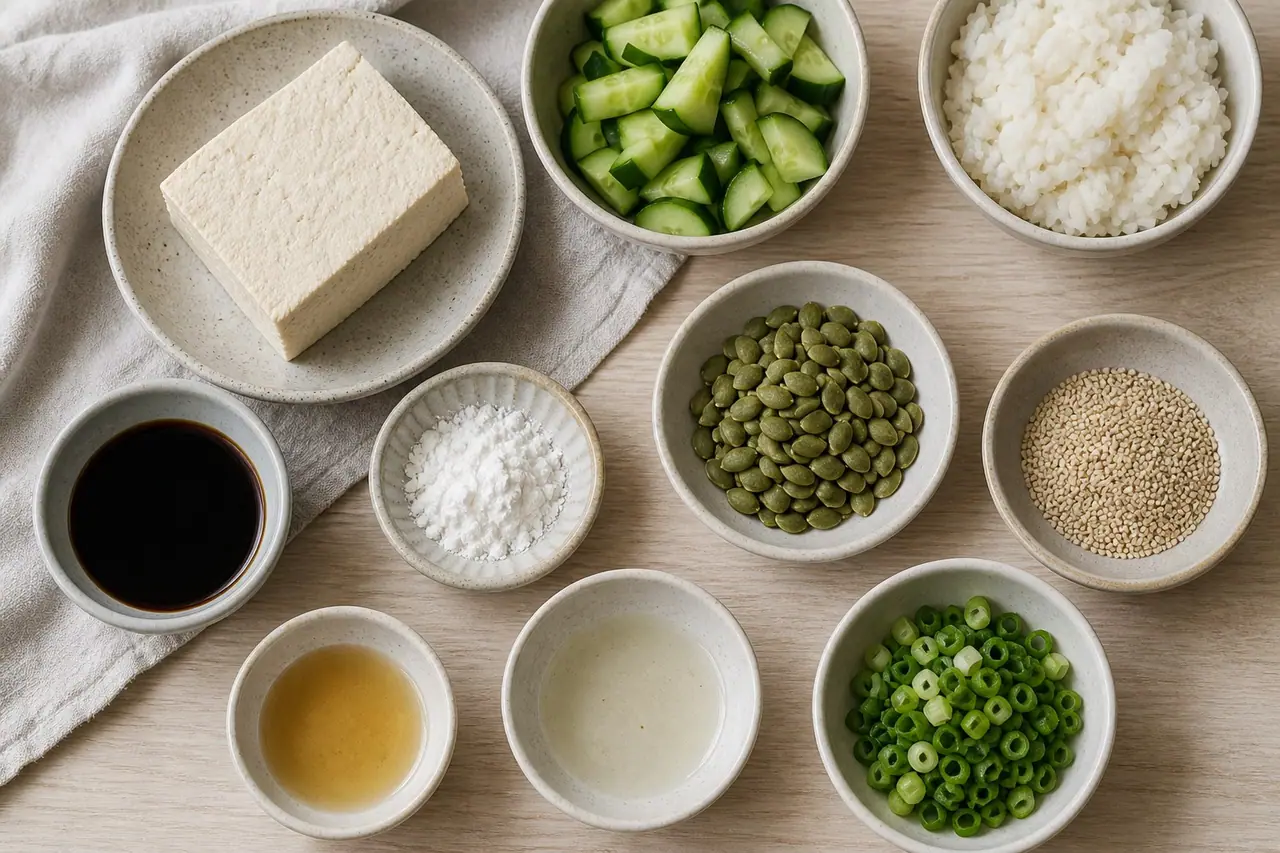 Tofu cucumber rice pumpkin seeds sesame tamari cornstarch and spring onions
