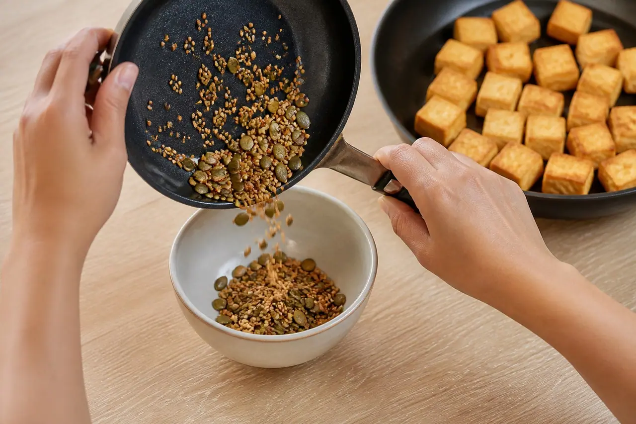 Hands tipping toasted pumpkin and sesame seeds into a small bowl