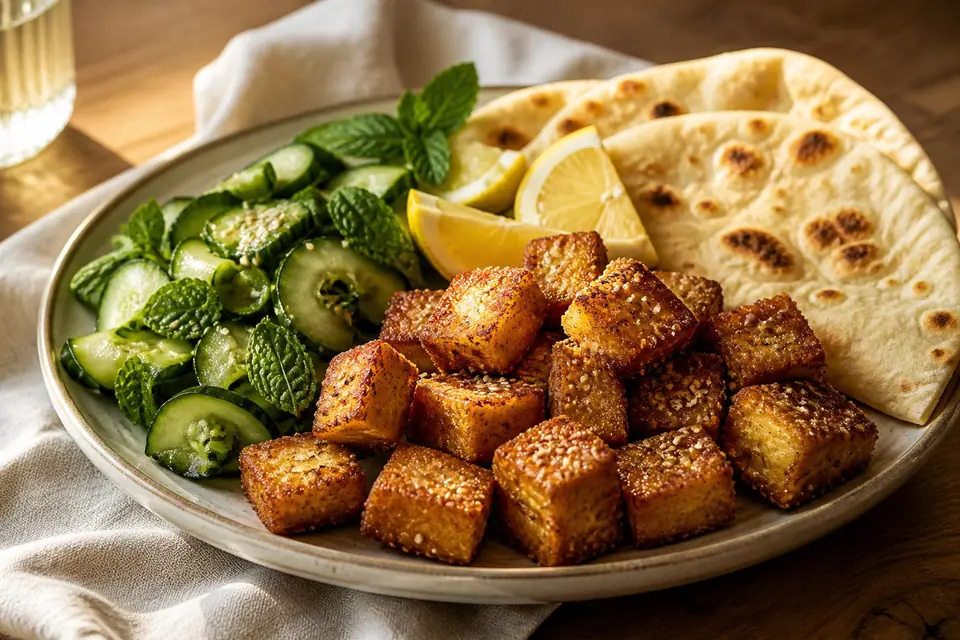 Crispy tofu cucumber salad and warm flatbread