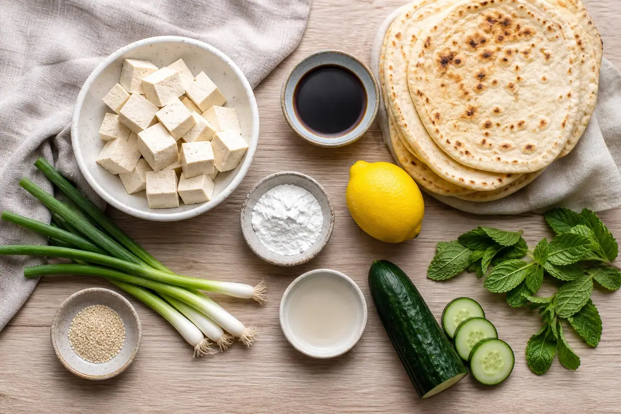 Tofu flatbreads cucumber lemon mint soy sauce cornstarch and sesame