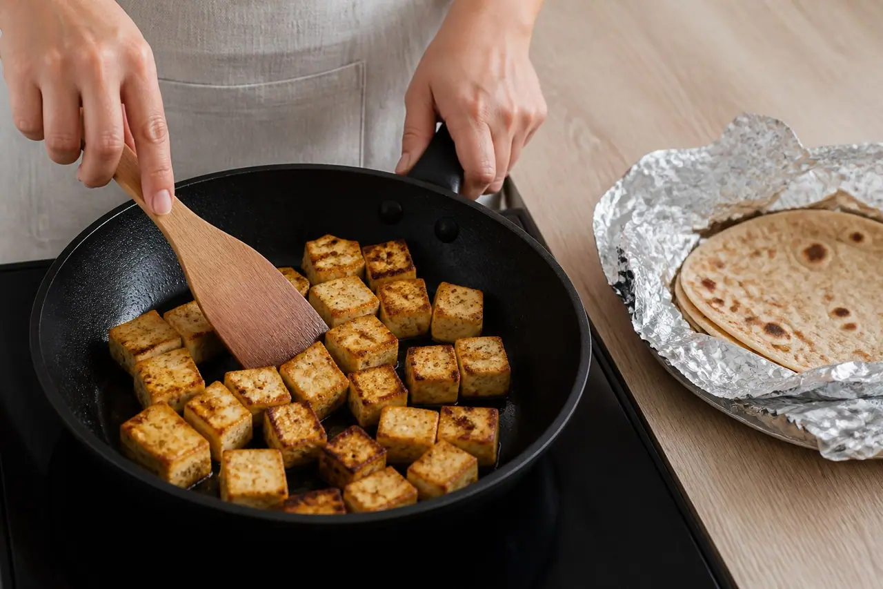 Hands turning golden tofu pieces with tongs in a hot skillet