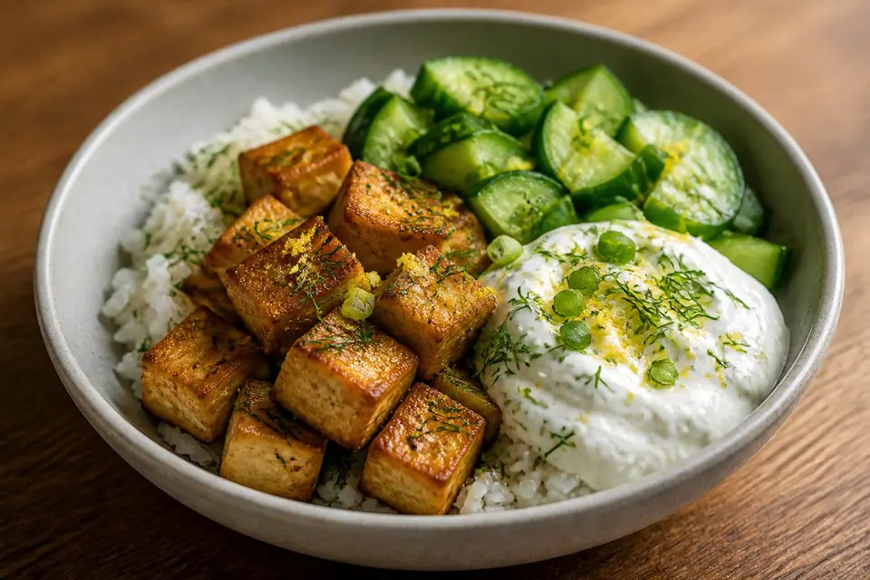 Crispy tofu cucumber rice and lemon yogurt