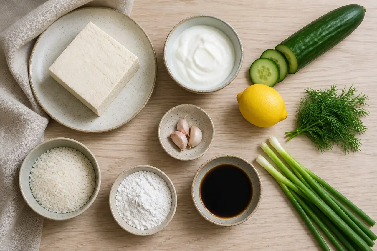 Tofu Greek yogurt cucumber lemon dill rice garlic cornstarch and soy sauce