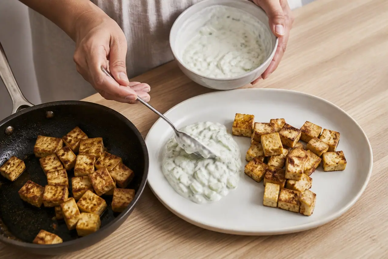 Hands spooning cucumber yogurt beside crisp tofu pieces in a skillet
