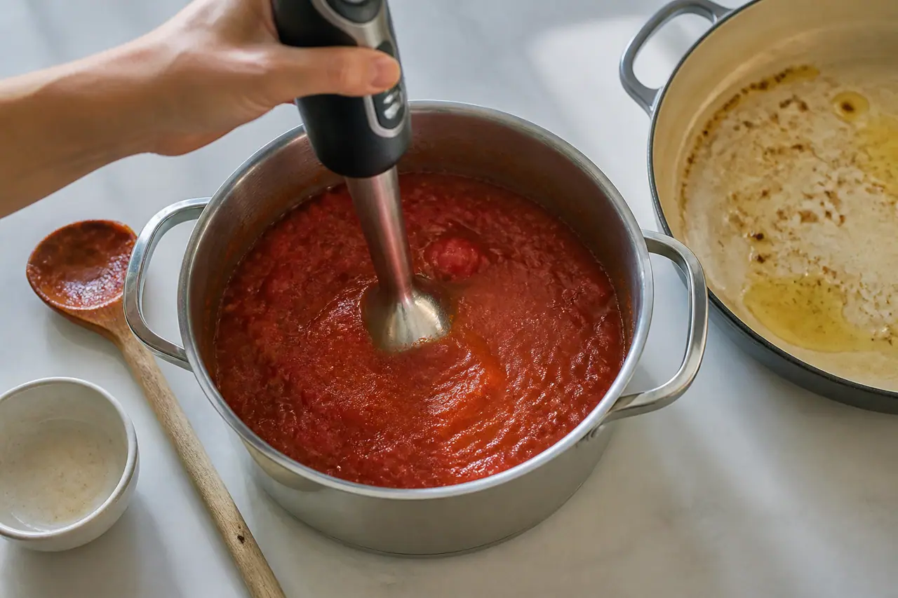 Hand blending crushed tomatoes beside a sauce pan