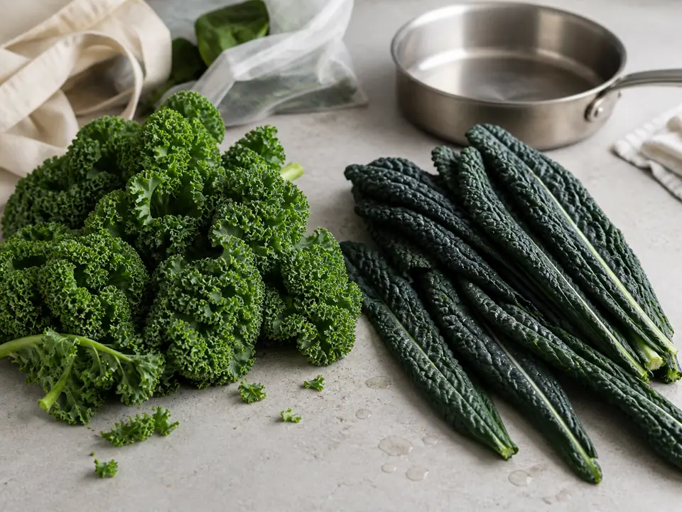 Curly kale and cavolo nero leaves side by side on a counter