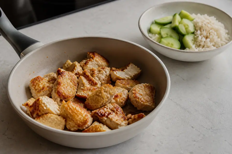 Firm and extra-firm tofu pieces browning in two sides of a skillet