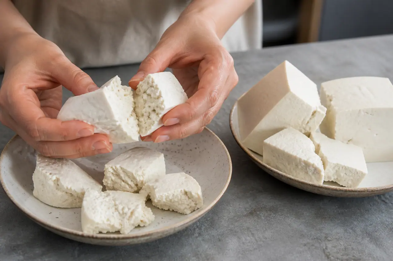 Hands comparing firm and extra-firm tofu textures before coating