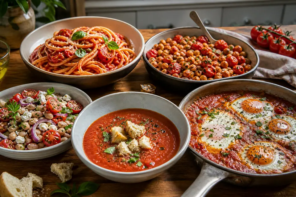 Five dinners made with fresh tomatoes arranged on a kitchen table