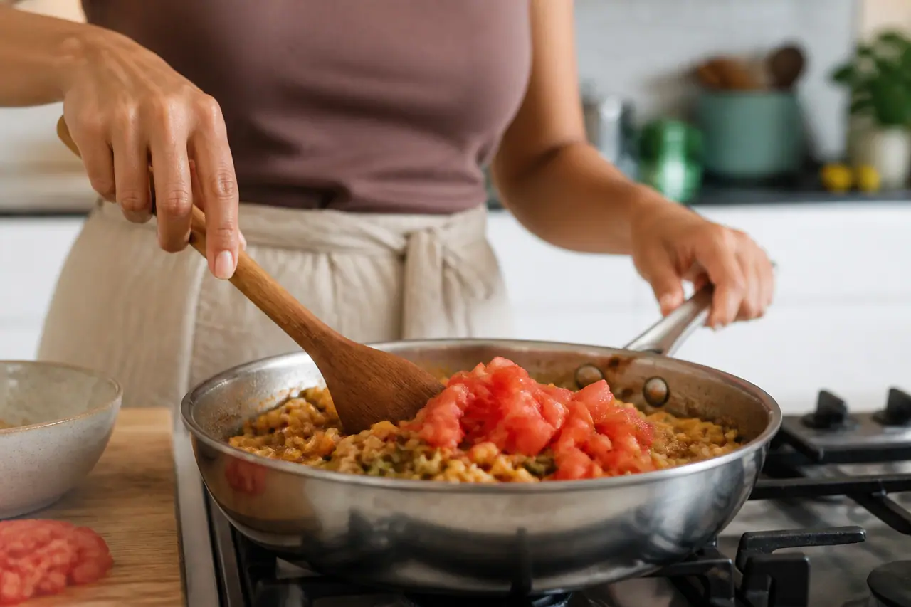 Hands folding chopped fresh tomatoes into a pasta sauce in a skillet