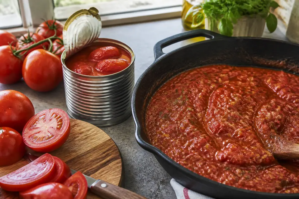 Fresh tomatoes and tinned tomatoes arranged beside a cooked sauce
