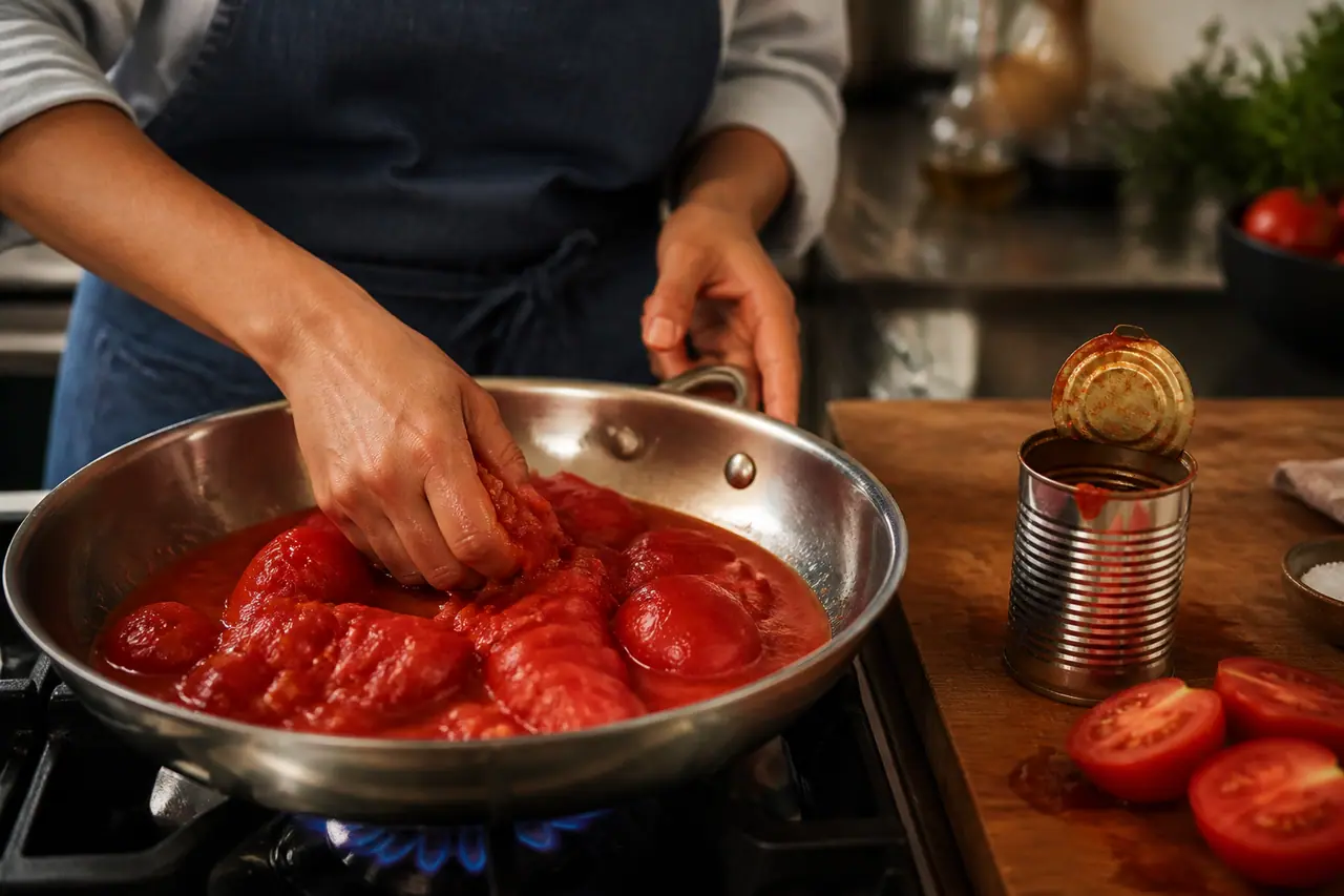 Hands crushing fresh tomatoes into a skillet beside an open tin