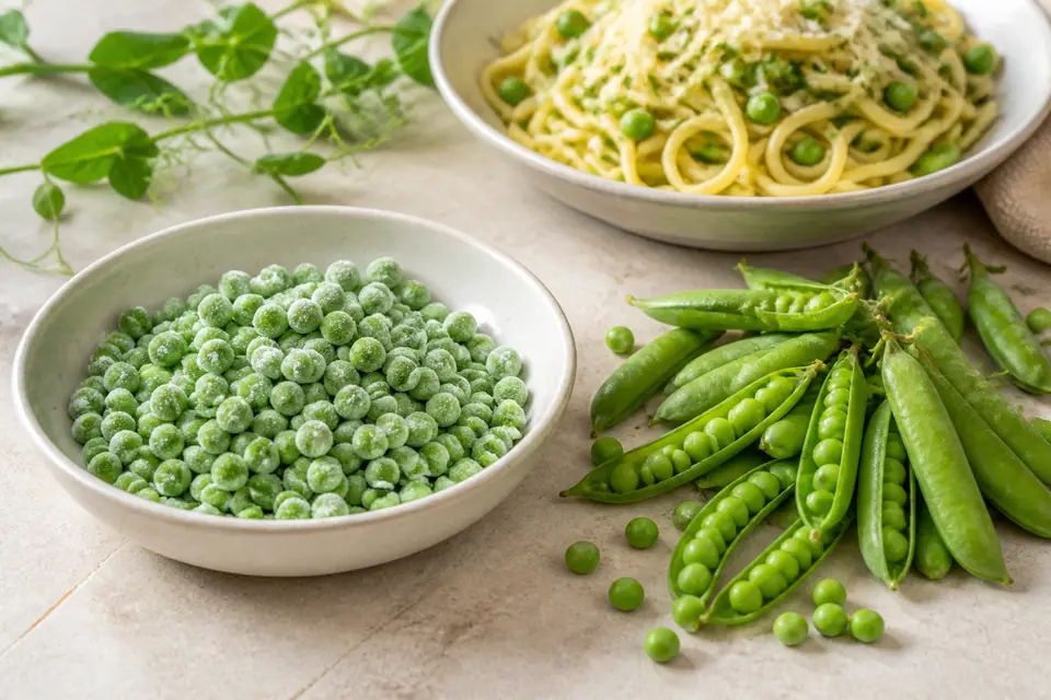 Frozen and freshly shelled peas beside a bowl of pea pasta