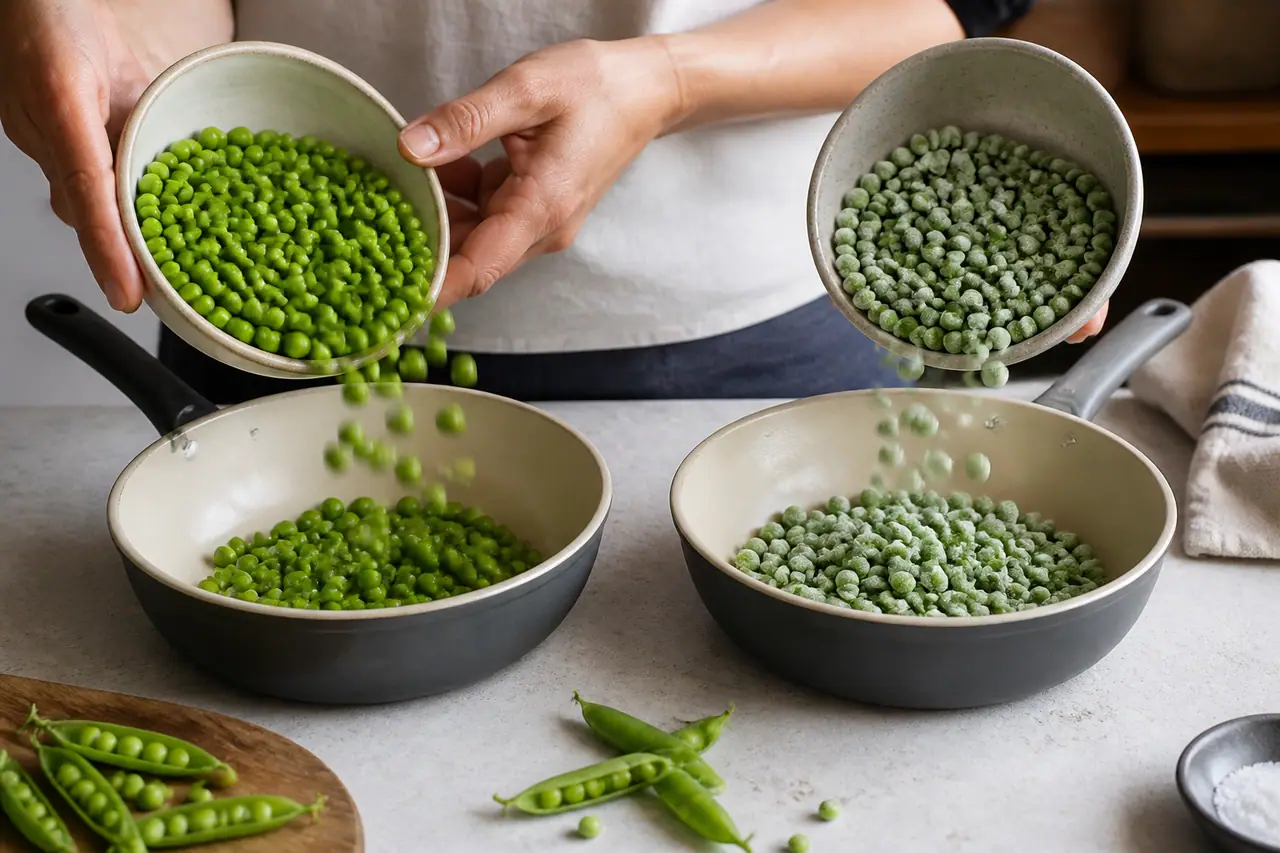 Hands comparing thawed frozen peas with freshly shelled peas