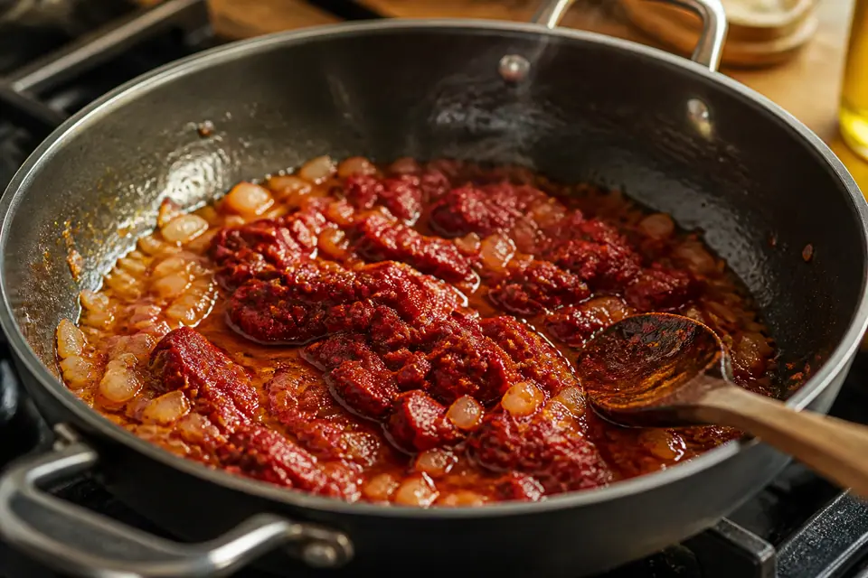 Deep red tomato paste frying in oil with onions