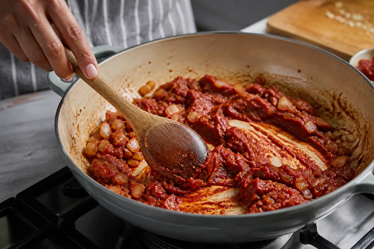 Wooden spoon spreading tomato paste across hot onions in a pan