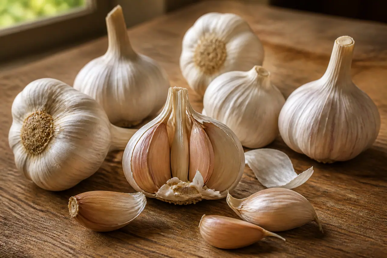 Whole garlic bulbs with separated cloves and papery skins