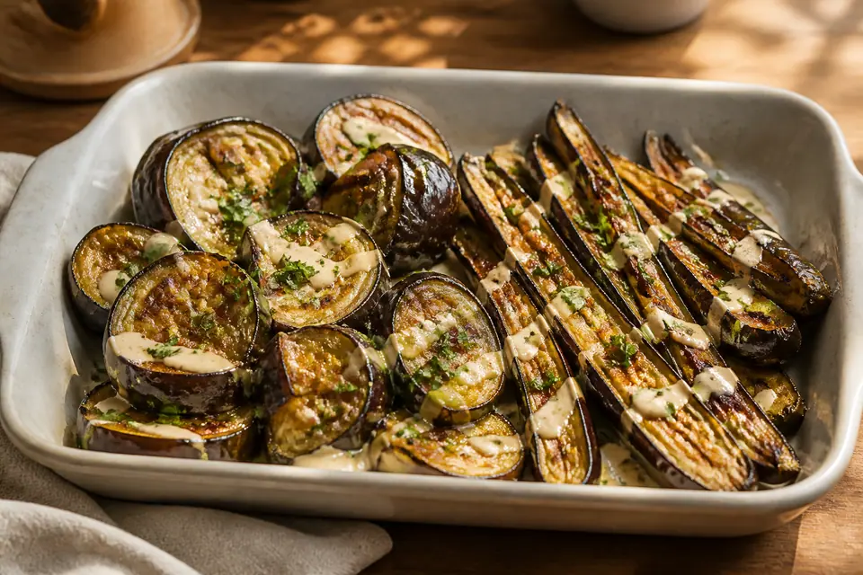 Roasted globe and long aubergine pieces with tahini