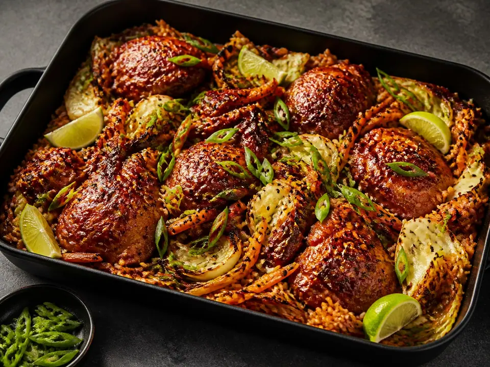 Gochujang chicken with cabbage and one-pan rice and vegetables