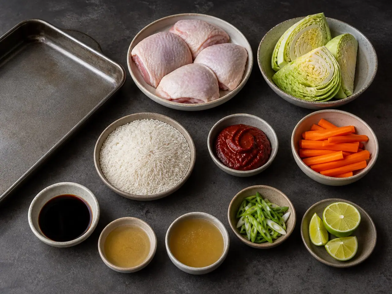 Gochujang chicken cabbage ingredients and one-pan rice and vegetables arranged ready to cook