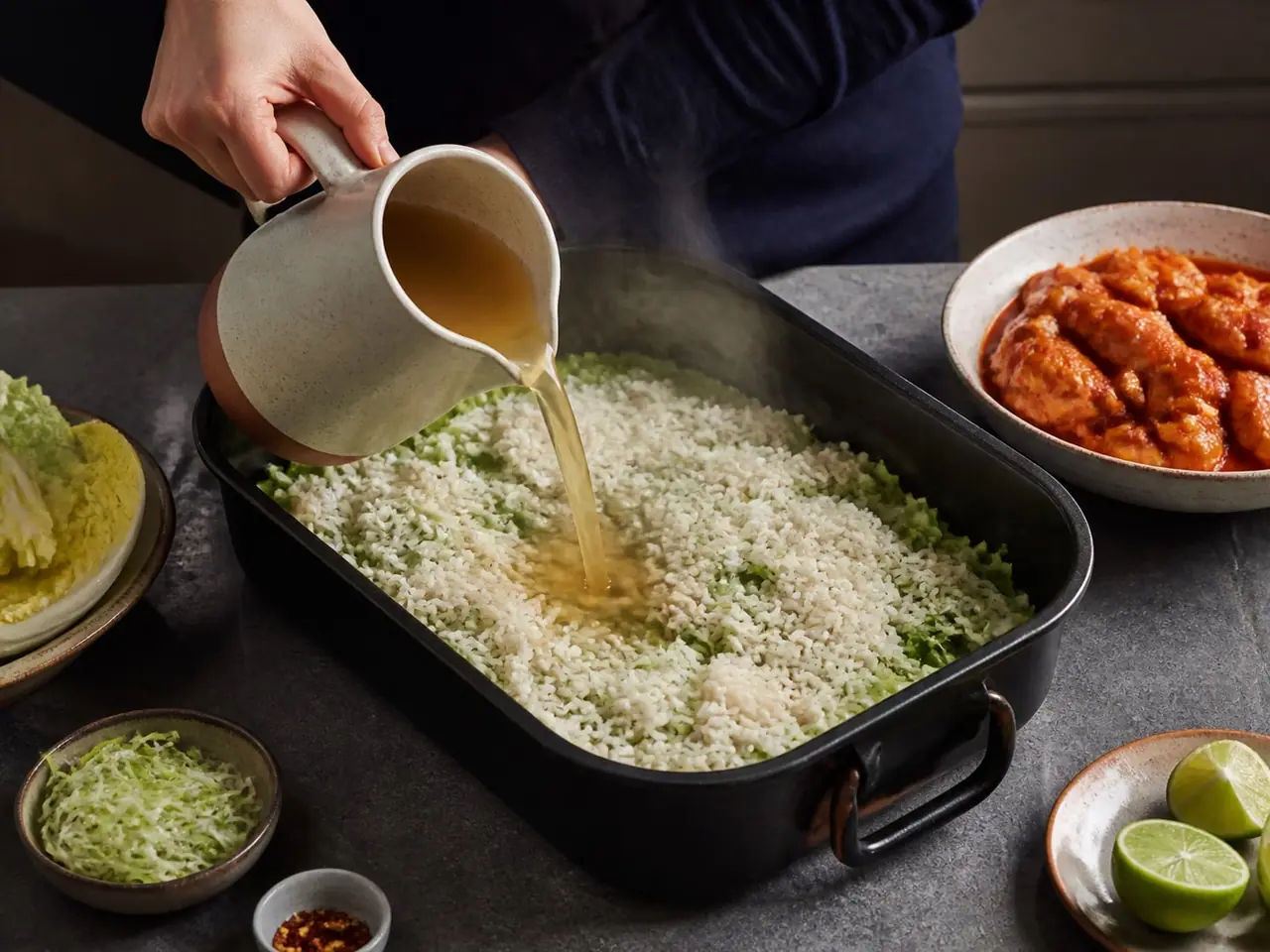 Hands stirring gochujang chicken and cabbage in a wide pan during cooking