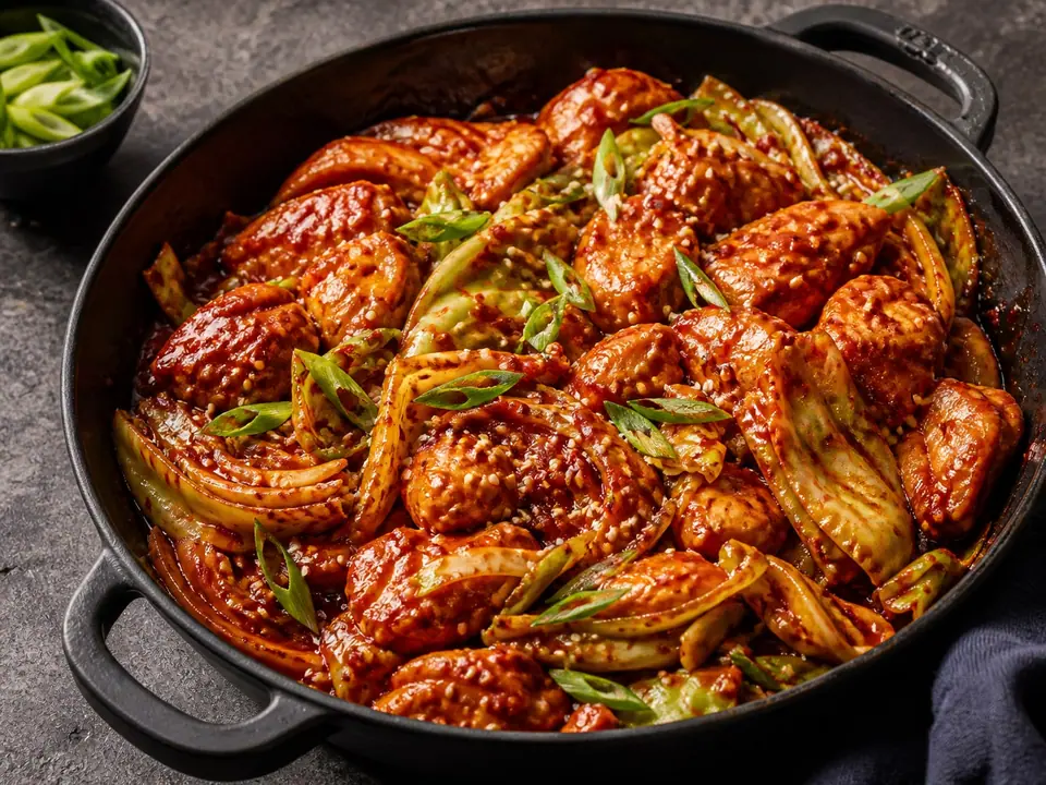 Gochujang chicken with cabbage and sesame and spring onions