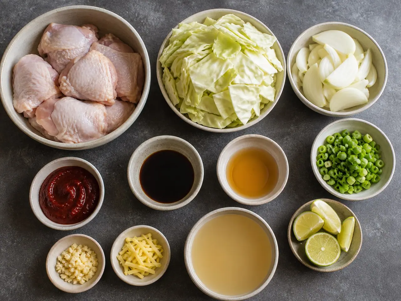 Gochujang chicken cabbage ingredients and sesame and spring onions arranged ready to cook