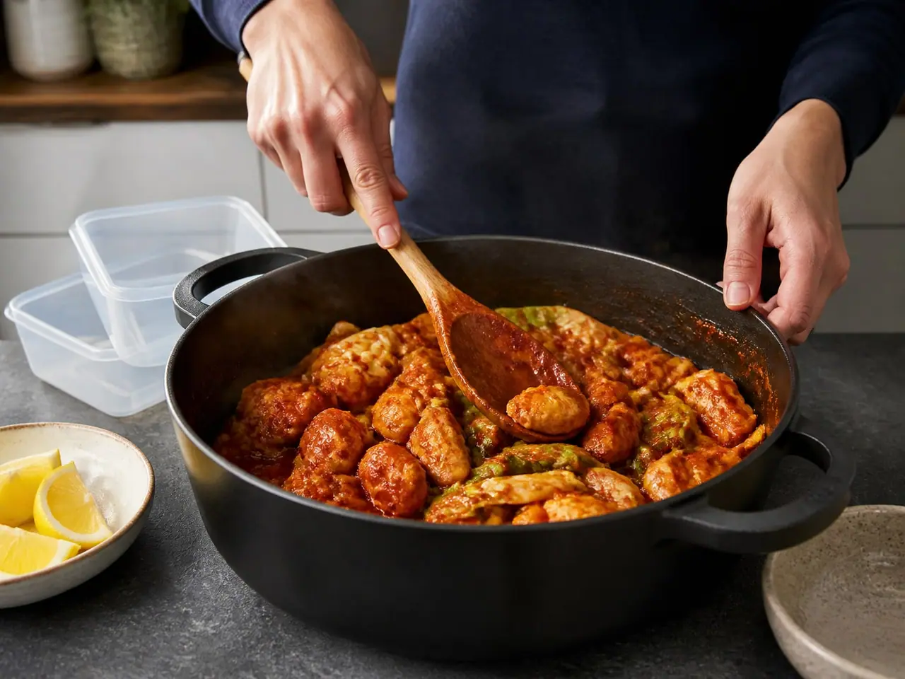 Hands stirring gochujang chicken and cabbage in a wide pan during cooking