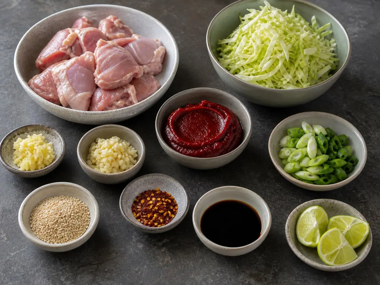 Gochujang chicken cabbage ingredients and sesame chilli oil arranged ready to cook