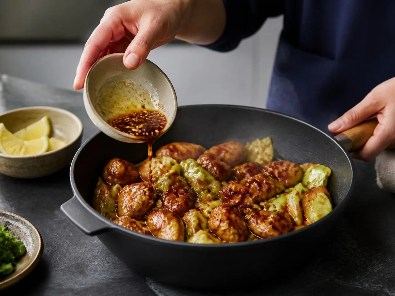 Hands stirring gochujang chicken and cabbage in a wide pan during cooking