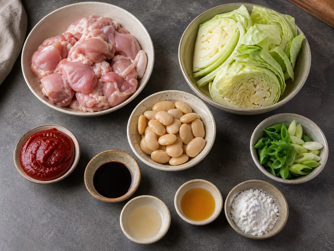 Gochujang chicken cabbage ingredients and crispy butter beans arranged ready to cook