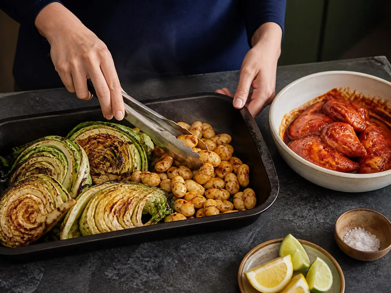 Hands stirring gochujang chicken and cabbage in a wide pan during cooking