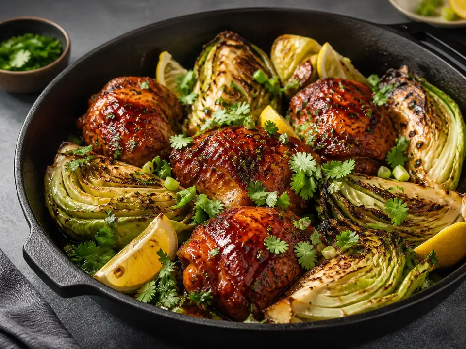 Gochujang chicken with cabbage and lemon and herbs