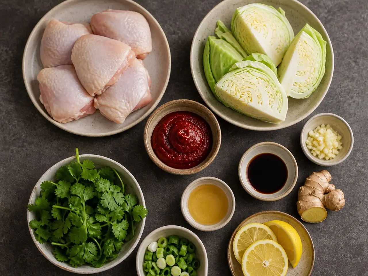 Gochujang chicken cabbage ingredients and lemon and herbs arranged ready to cook