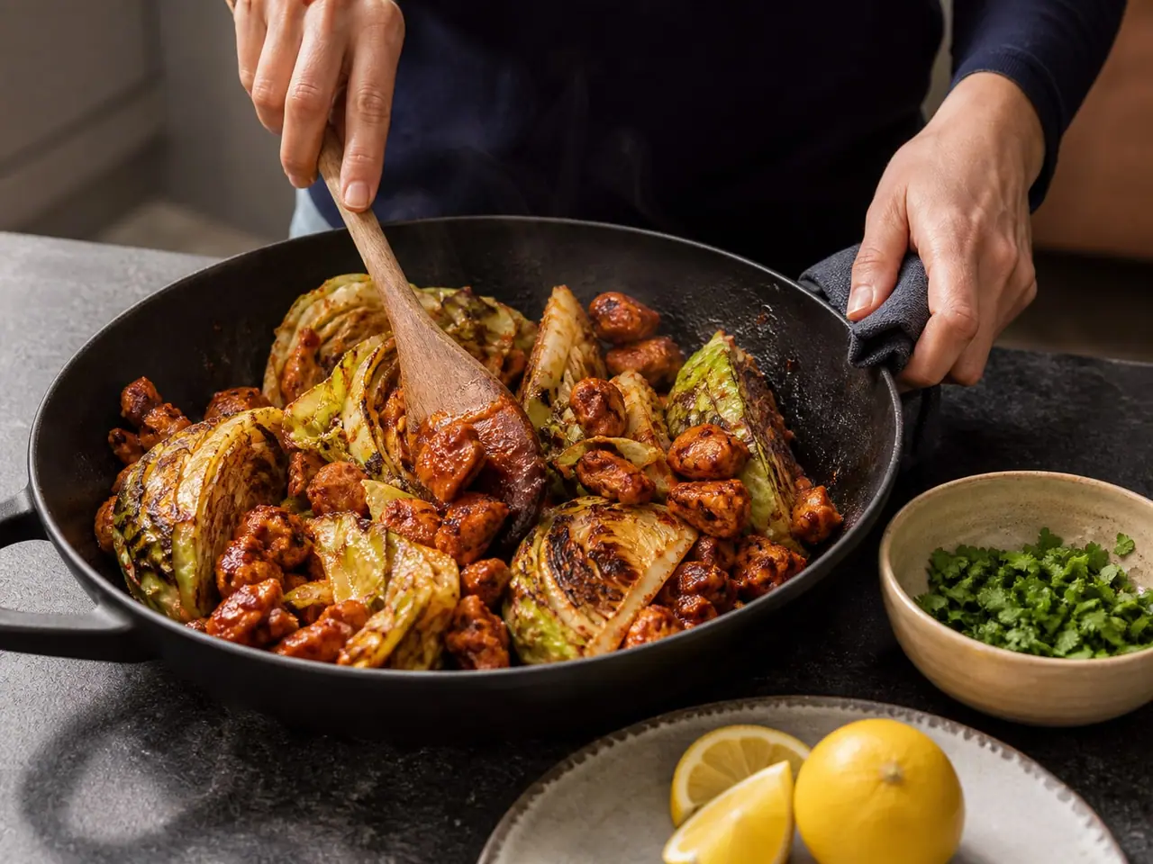 Hands stirring gochujang chicken and cabbage in a wide pan during cooking