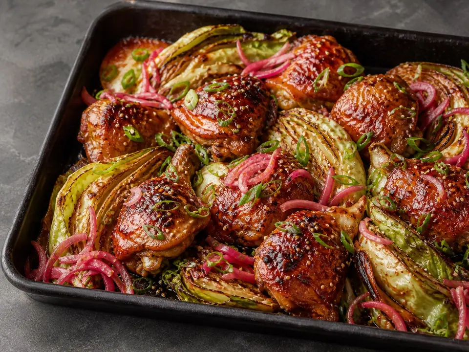 Gochujang chicken with cabbage and quick pickled red onions