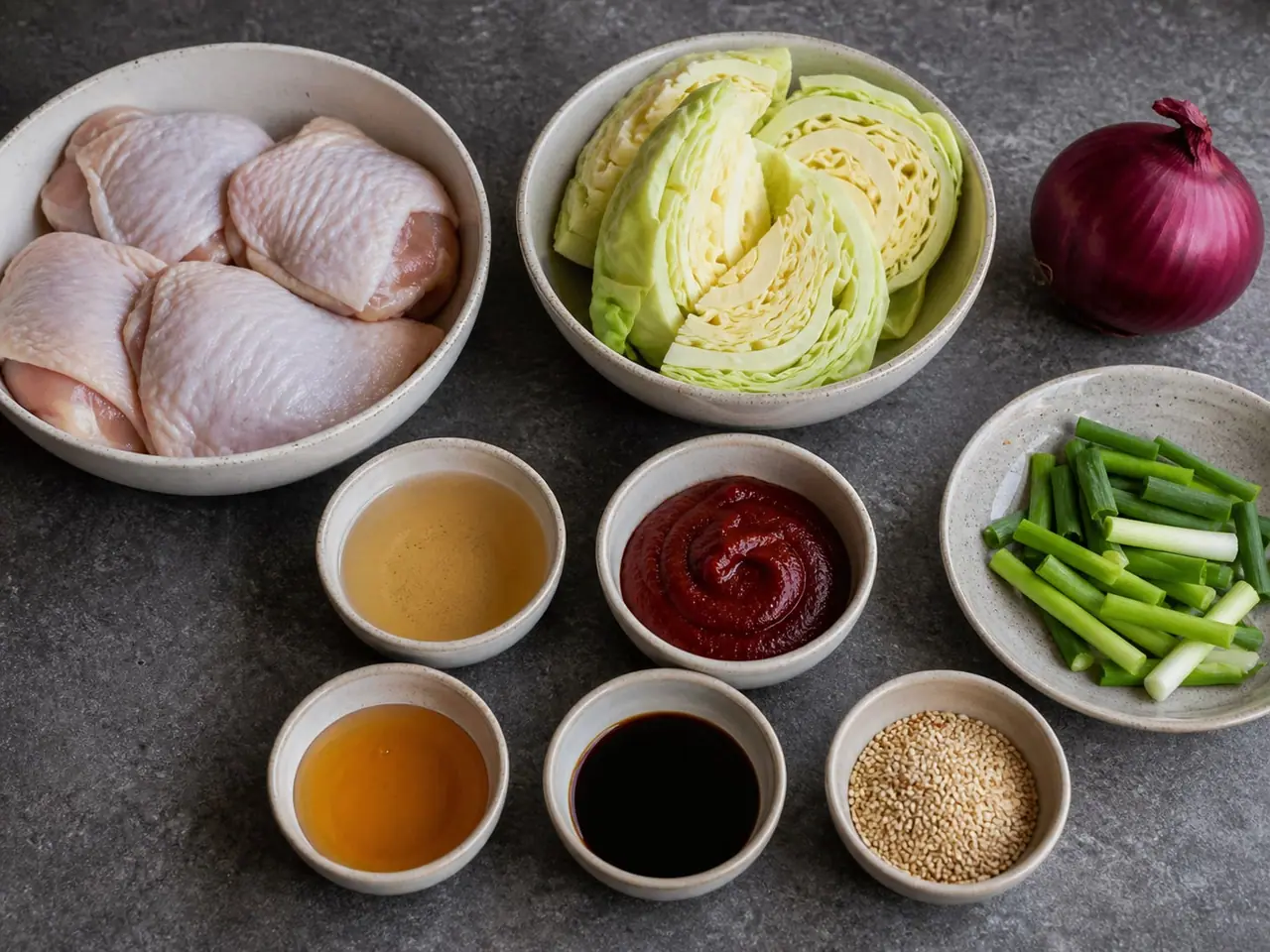 Gochujang chicken cabbage ingredients and quick pickled red onions arranged ready to cook