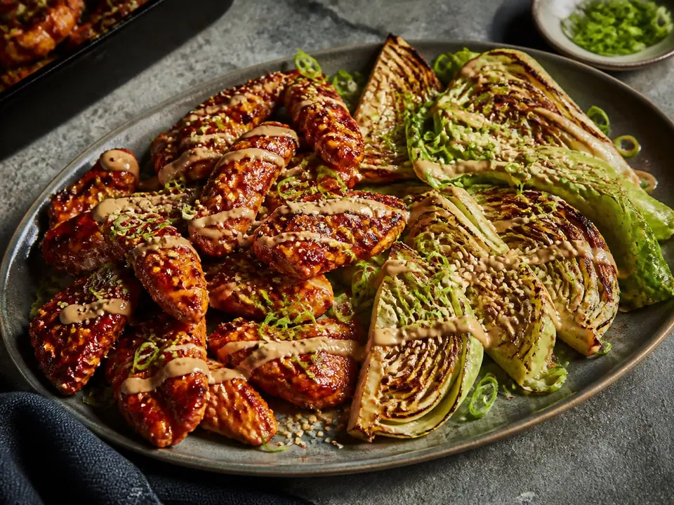 Gochujang chicken with cabbage and lemon tahini dressing