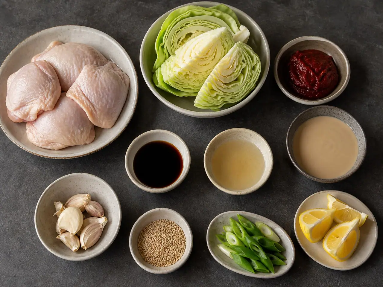Gochujang chicken cabbage ingredients and lemon tahini dressing arranged ready to cook