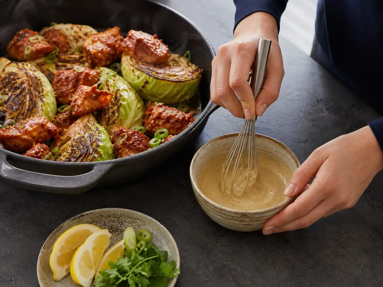Hands stirring gochujang chicken and cabbage in a wide pan during cooking
