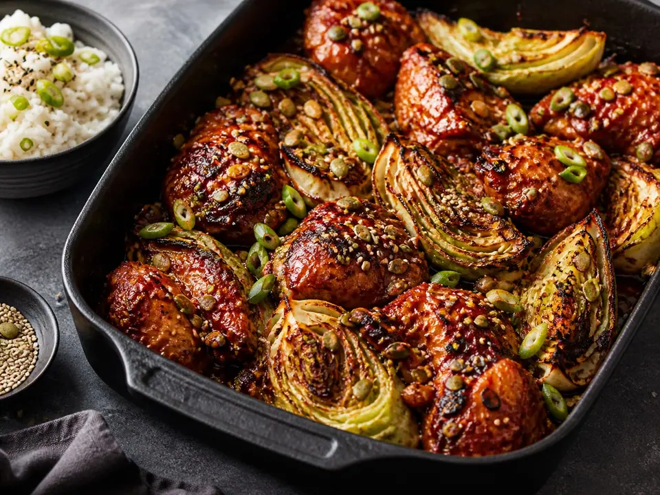 Gochujang chicken with cabbage and toasted sesame and pumpkin seeds