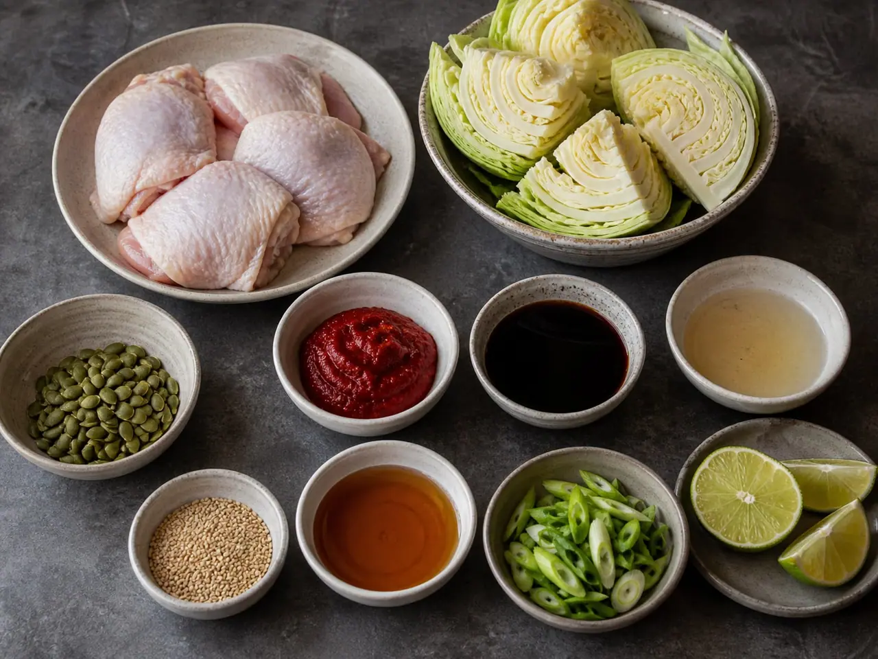 Gochujang chicken cabbage ingredients and toasted sesame and pumpkin seeds arranged ready to cook
