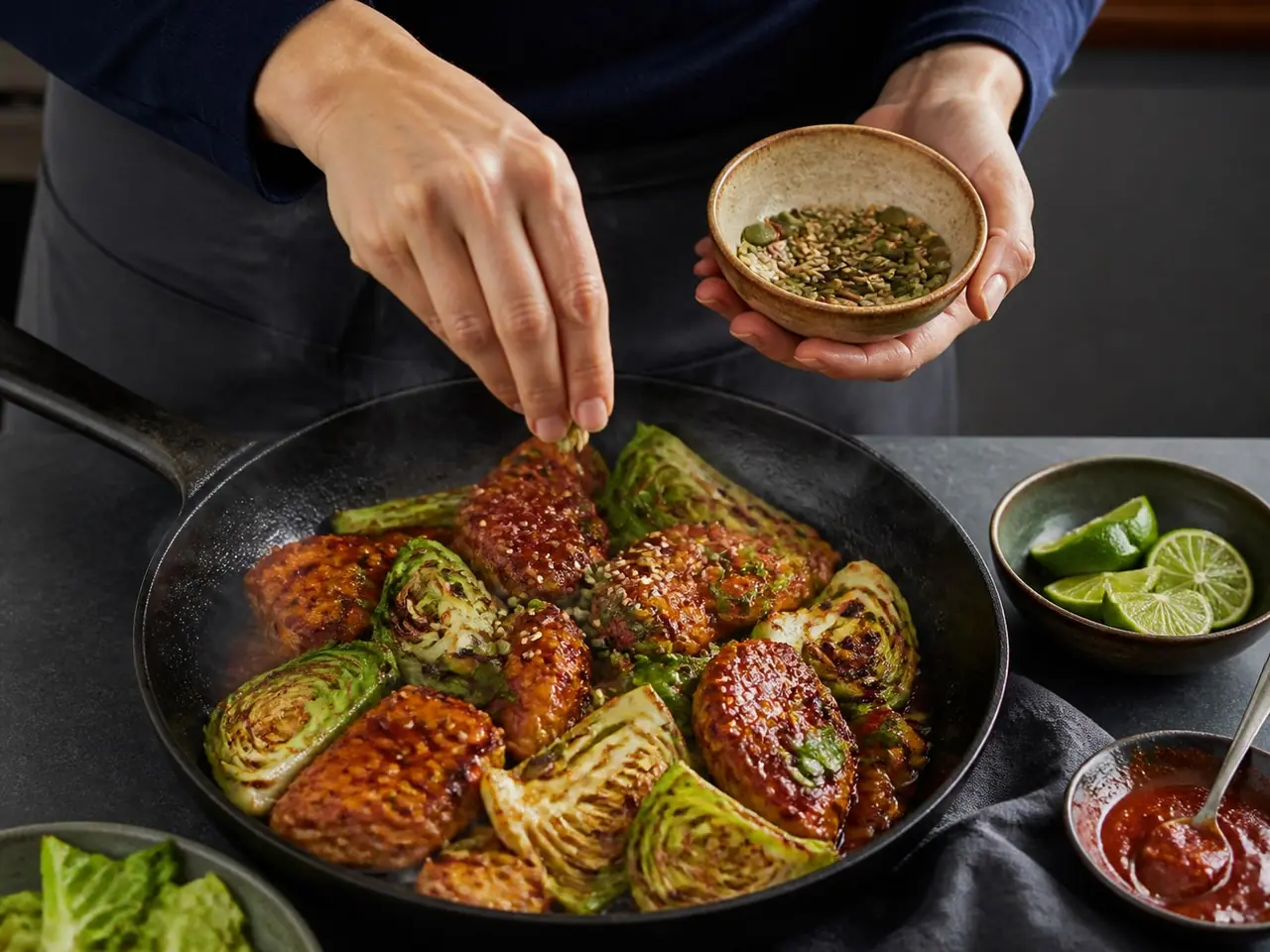 Hands stirring gochujang chicken and cabbage in a wide pan during cooking