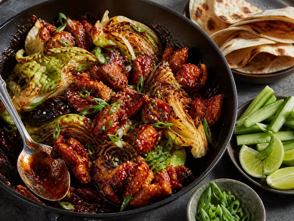 Gochujang chicken with cabbage and warm flatbread and scallions