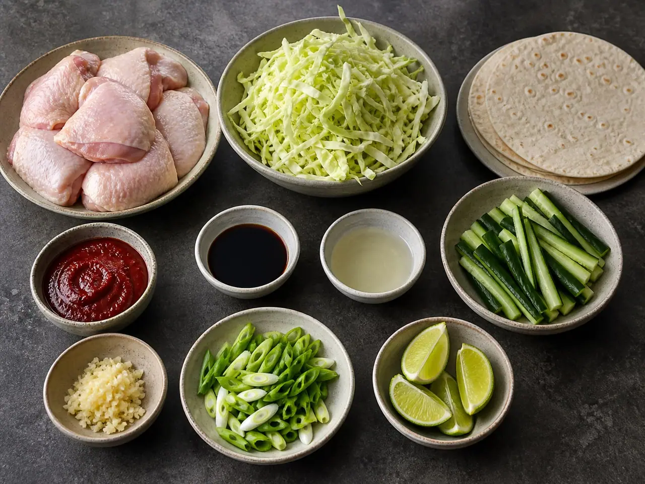 Gochujang chicken cabbage ingredients and warm flatbread and scallions arranged ready to cook