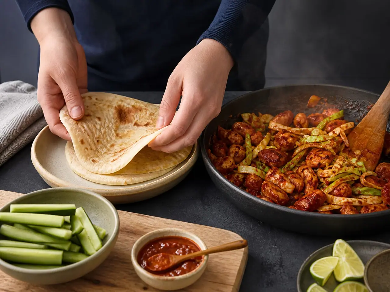 Hands stirring gochujang chicken and cabbage in a wide pan during cooking