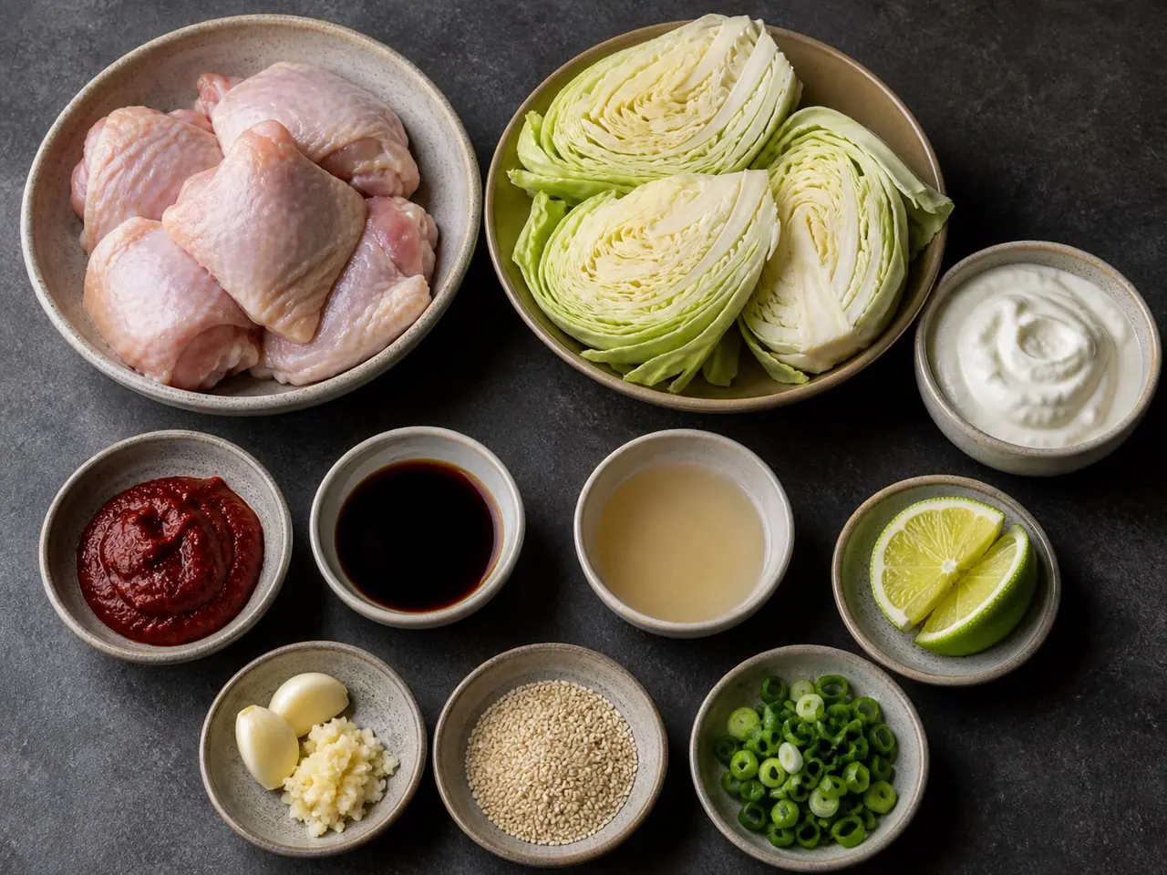 Gochujang chicken cabbage ingredients and lime yogurt arranged ready to cook